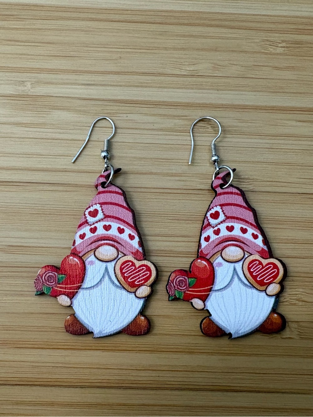 💗 5/$10 - Valentines Gnome Wood Earrings